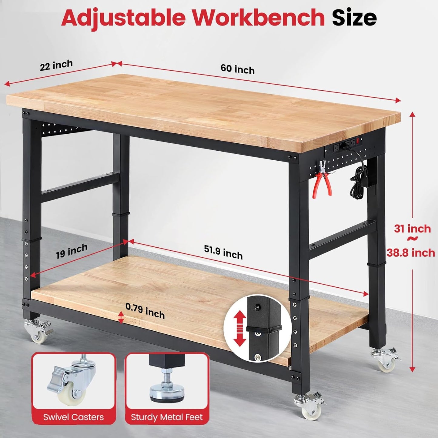 Workbench for Garage with Wheels 60 x 22 Inch Heavy Duty Rubberwood Tabletop Work Table with Under Table Shelf, Pegboard, Power Outlets for Woodworking Shop Home Office