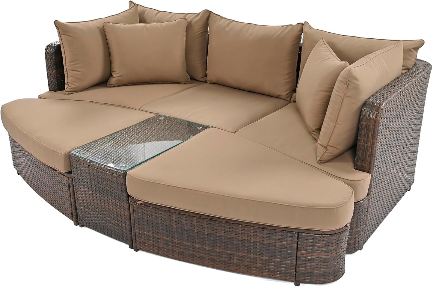 kevinplus Outdoor Patio Outdoor Daybed Patio Sunbed, All-Weather PE Wicker Patio Outdoor Conversation Round Sectional Sofa Couch Set with Coffee Table, Brown