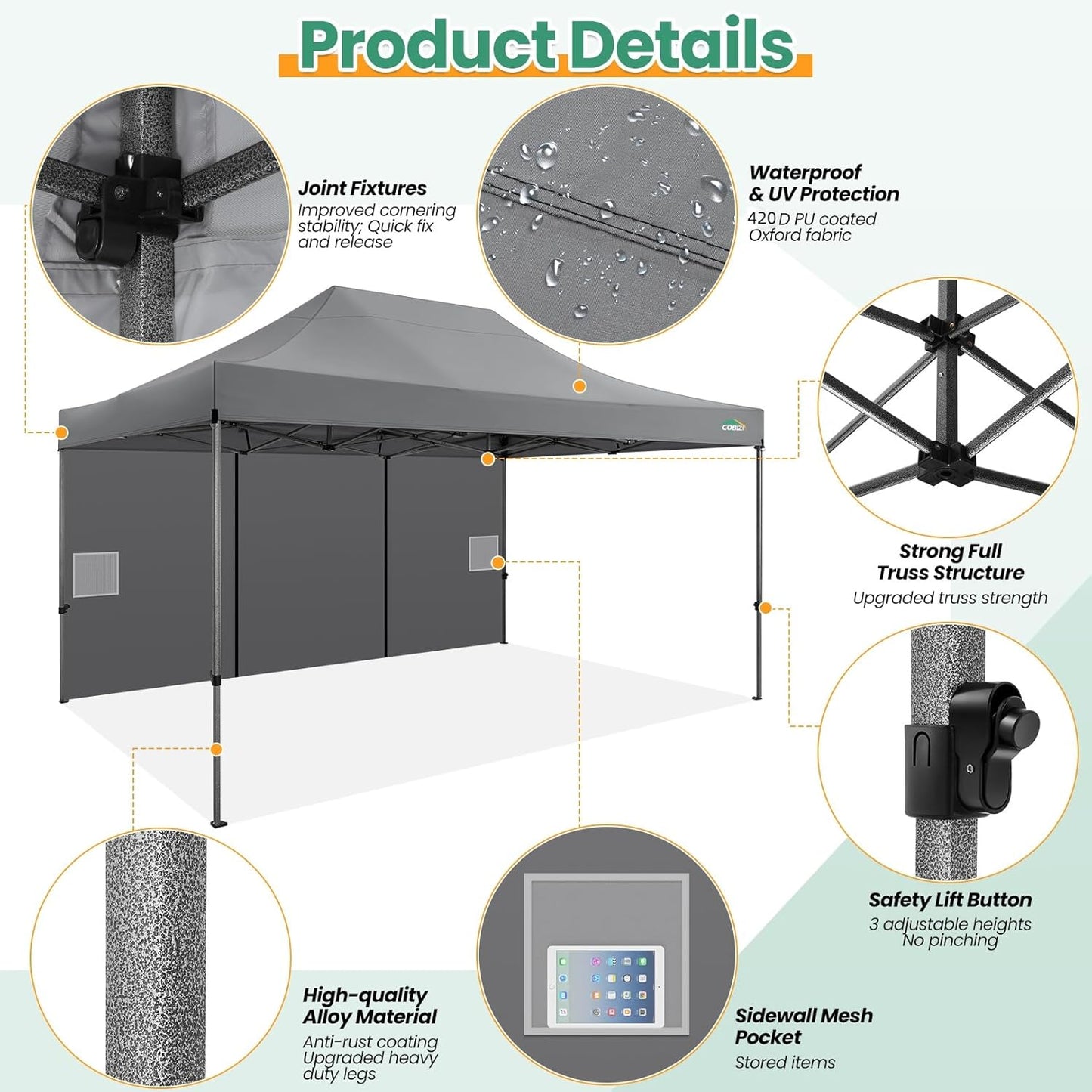 COBIZI 10x15 Heavy Duty Pop up Canopy Tent with 4 sidewalls Commercial Outdoor Canopy Wedding Party Tents for Wedding All Season Wind & Waterproof Gazebo with Carry Bag, Gray(Frame Thickened)