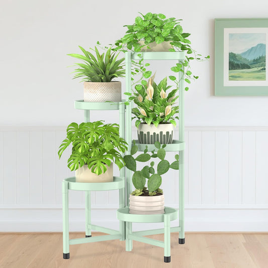 iDavosic.ly Plant Stand Indoor Outdoor, 5 Tier Corner Metal Flower Display Holder Shelf, Folding Tall Orchid Rack for Patio Balcony Porch Garden Living Room House, Light Green