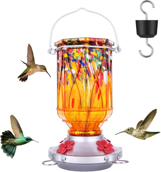 Hummingbird Feeders for Outdoors with Ant Moat, Hand Blown Glass Hummingbird Feeder, 4 Feeding Ports with Perch, Outdoor Garden Décor, 15 OZ, Orange