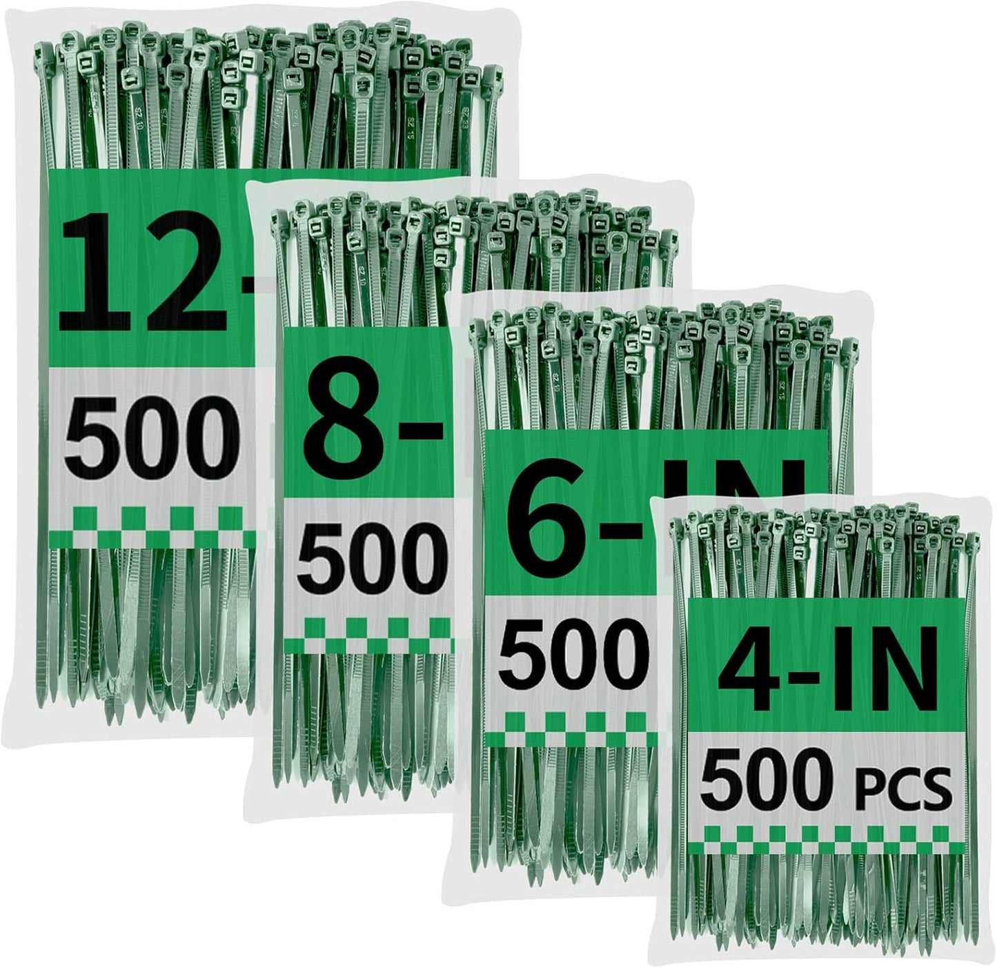 Green Zip Ties Assorted Sizes (4"+6"+8"+12"), 2000 Pack, Cable Ties UV Resistant for Garden, Plants, Fence, Holiday Lights, Yakobela