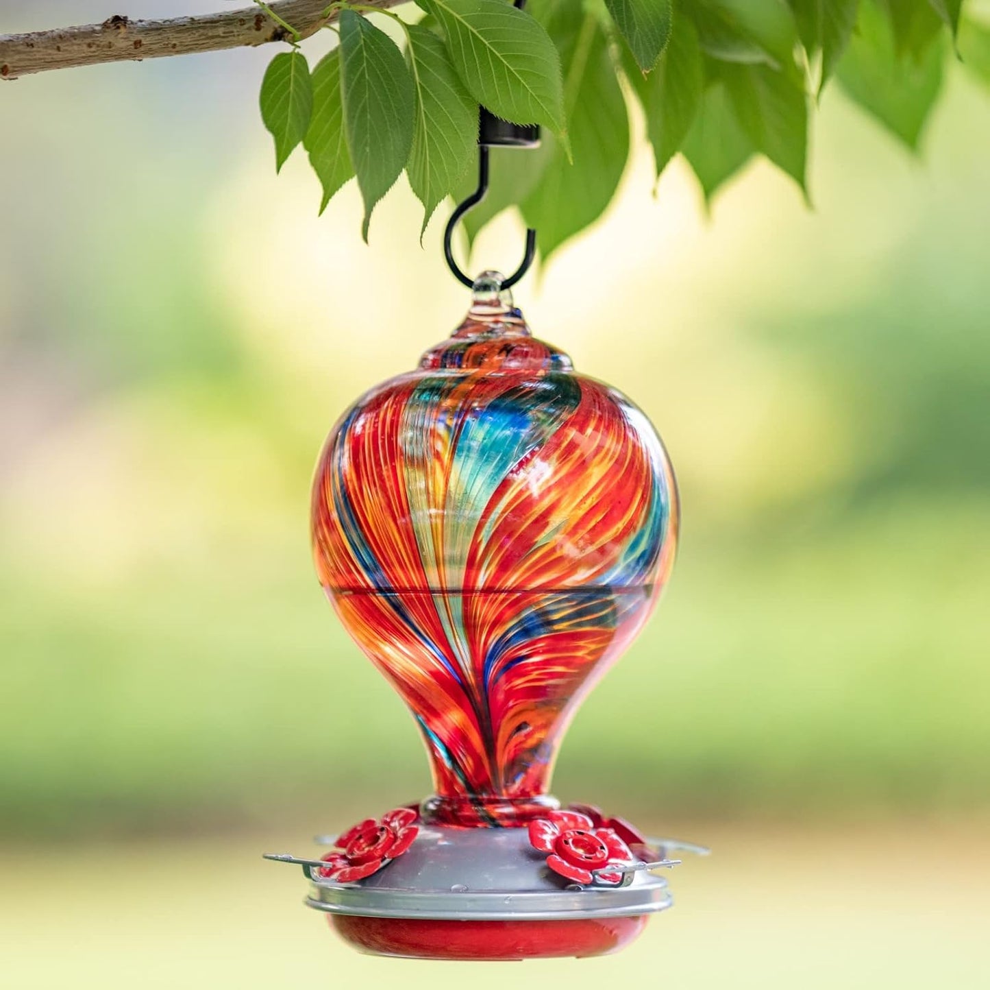Muse Garden Hummingbird Feeders Blown Glass Hummingbird Feeder, Garden Backyard Decor, 32OZ, Mexican Stripes