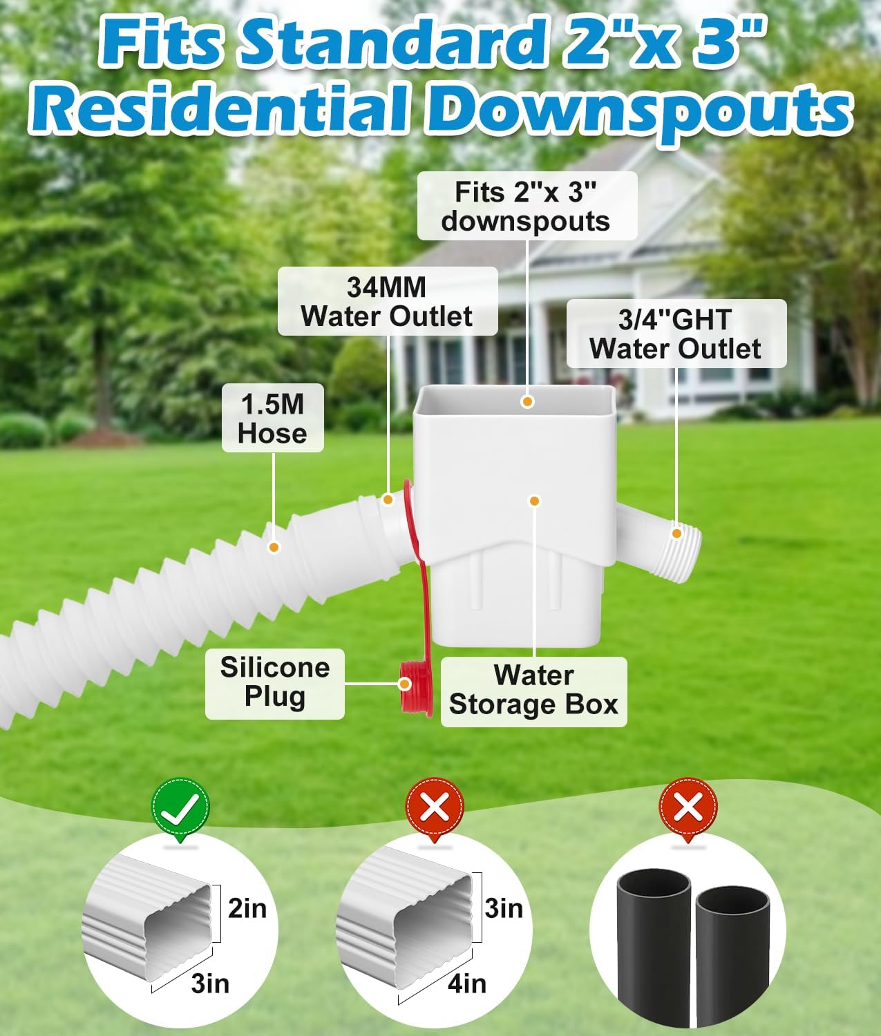 Downspout Diverter, WADEO Rain Barrel Diverter Fits for 2"x 3" Standard Downspout, Rainwater Collection System with Two Water Outlets to Collect Rainwater from Gutter, with 5FT Hose