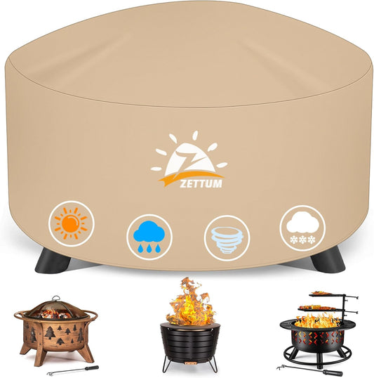 Fire Pit Cover Round 36 Inch - Outdoor Firepit Cover Waterproof & Heavy Duty, 600D Patio Fire Table Cover Gas Fire Pit Accessories Fade & Weather Resistant - 36 x 36 x 20 Inch