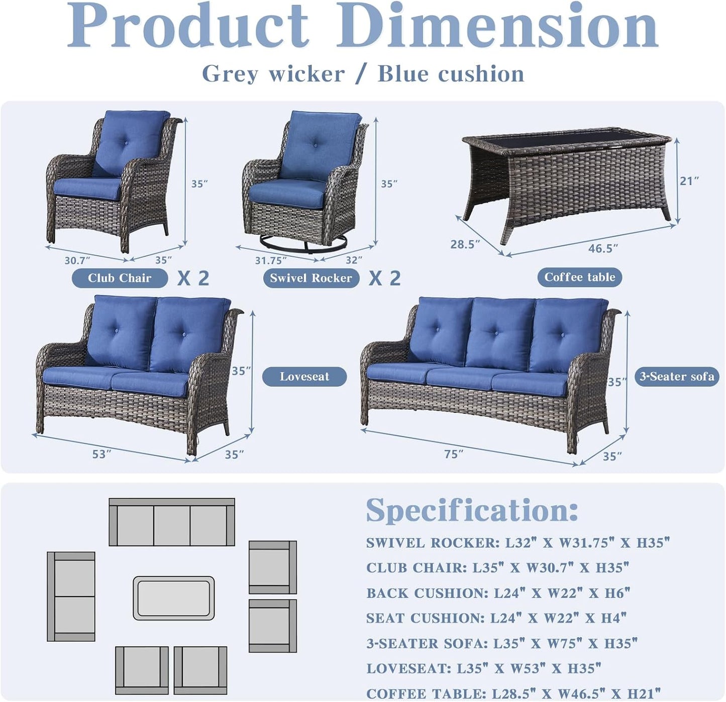 Outdoor Wicker Furniture Patio Set - 7 Piece Backyard Furniture Grey Rattan Conversation Sets with Swivel Rocker Chairs, Rattan Sofa, Club Chairs and Coffee Table, Blue Cushion