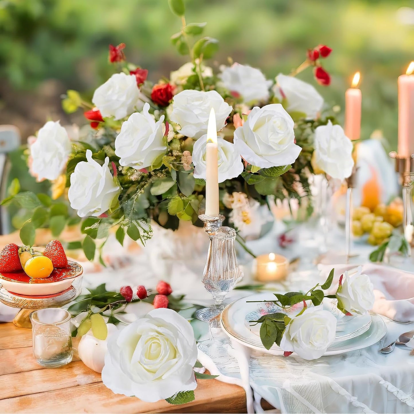 Fake Roses Not Bend The Peduncle Artificial Flowers Fake Flowers with Stems for DIY Wedding Bouquets Bridal Shower Centerpieces Arrangements Tables Decorations (24pcs,Pearl White)