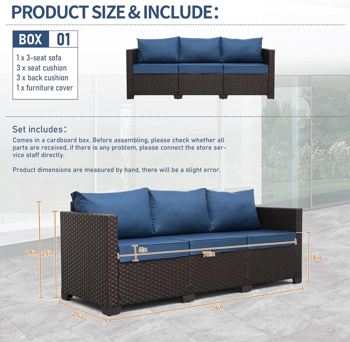 Outdoor Couch Wicker Patio Furniture 3-seat Sofa Outdoor Furniture Deep Seat Hight Backrest Waterproof Cover Non-Slip Cushions, Navy Blue