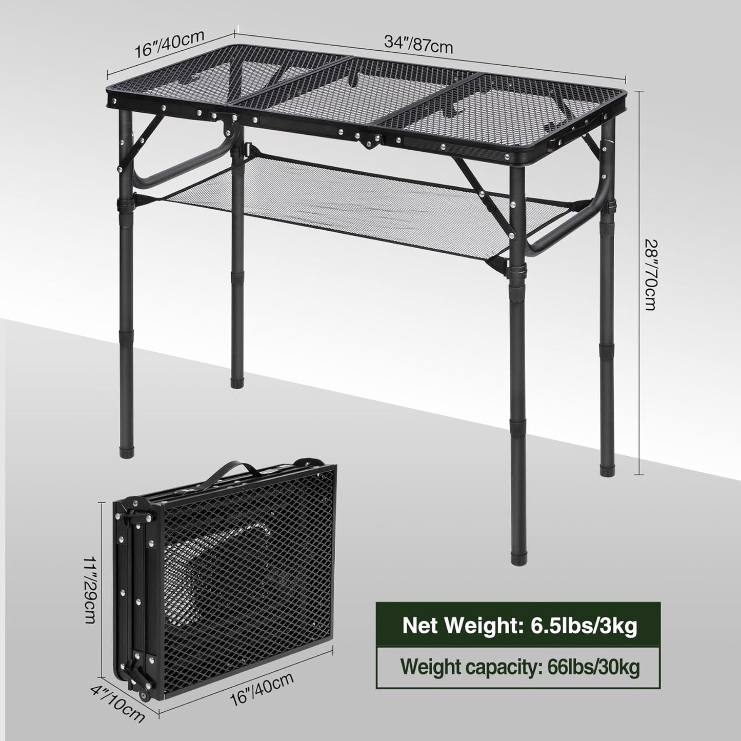 REDCAMP Small Triple fold Folding Grill Table for Outside, 3 Heights Adjustable Lightweight Portable Metal Aluminum Frame Outdoor Table for Camping Picnic Cooking BBQ, Black, 34x16 inches