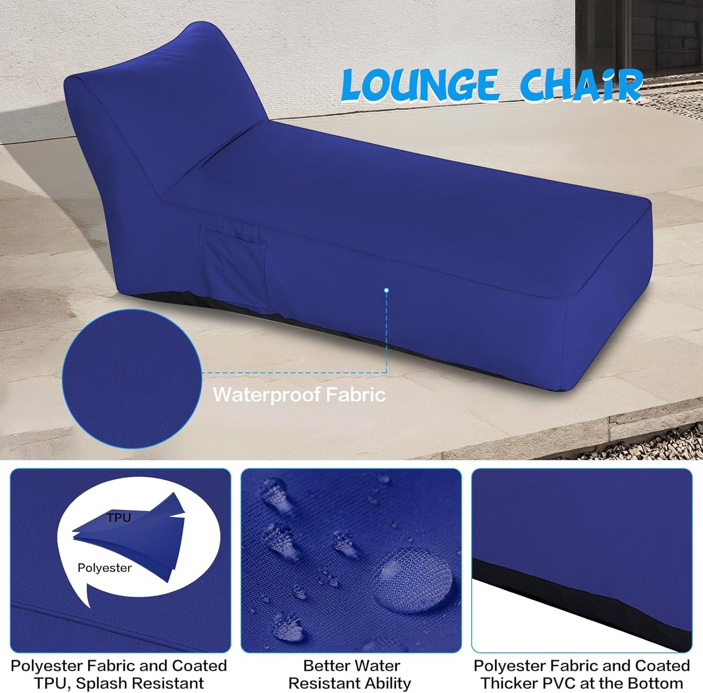 Outdoor Chaise Lounge Chair, Sunbed UV Resistant Sofa Couch Patio Furniture Waterproof Outside Sunlounge Reclining Sunbathing Bed Comfy Single Chaise Daybed for Garden, Pool, Beach, Navy Blue