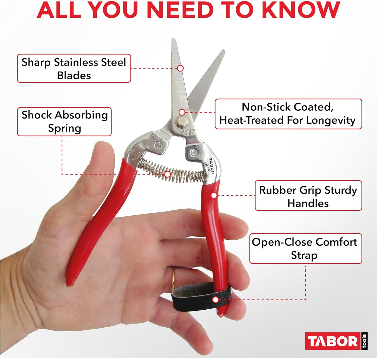 TABOR TOOLS Pruning Shears, Florist Scissors, Multi-Tasking Garden Snips for Arranging Flowers, Trimming Plants and Harvesting Herbs, Fruits or Vegetables. K17A. (Straight, Stainless Steel Blades)