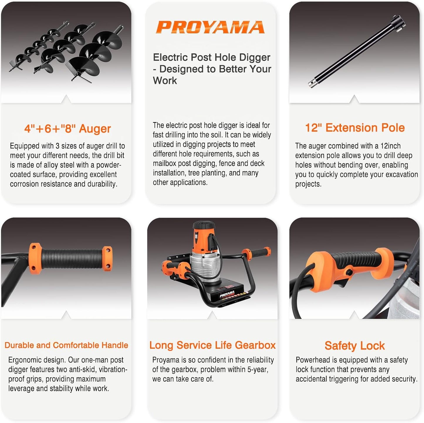 PROYAMA Electric Post Hole Digger, 1700W Corded Earth Auger with 4" 6" 8" Drill Bit, 12" Extension Rod, Reverse Control, 5-Year Warranty Gear Box, Ideal for Post Hole Digging, Drilling, Tree Planting
