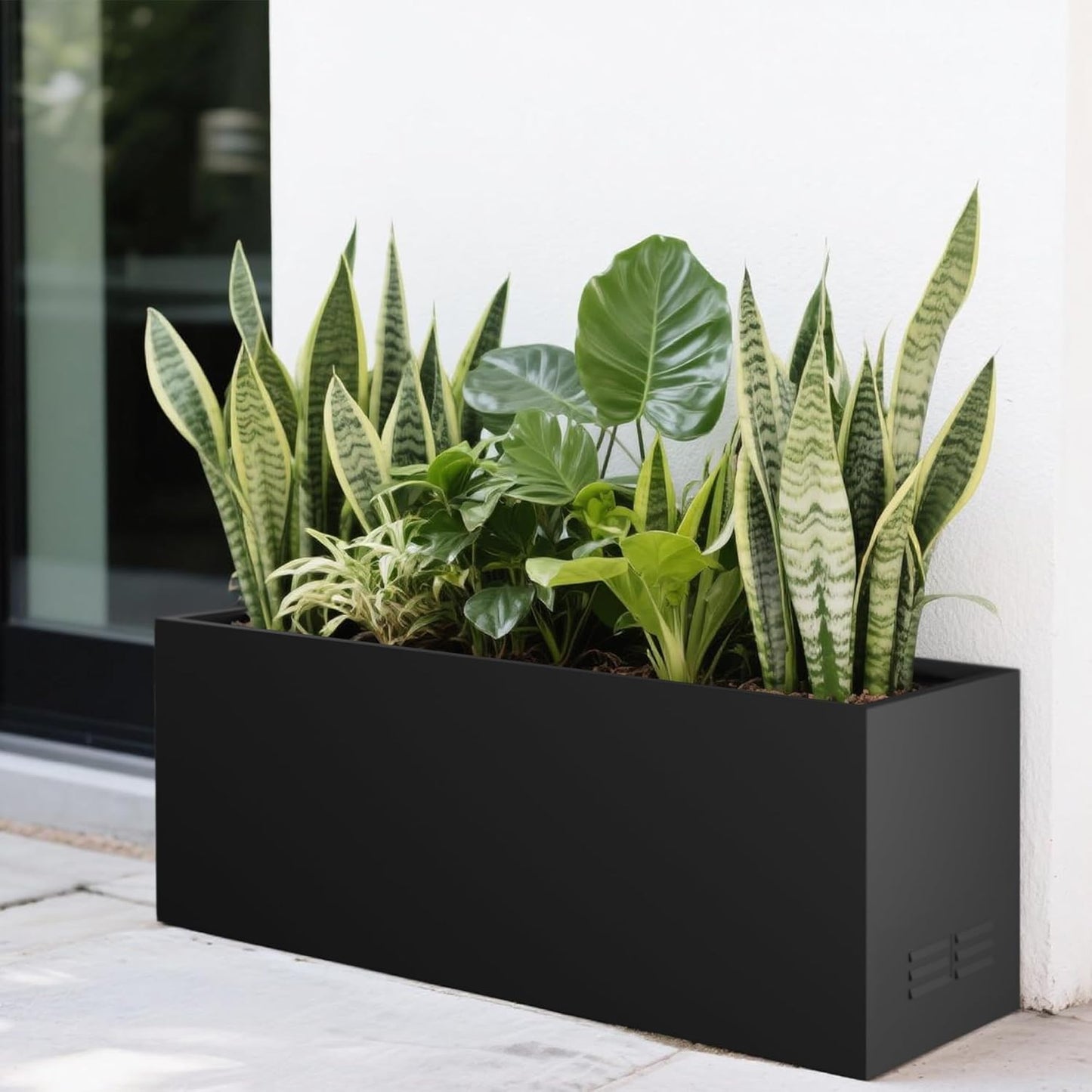 Worth Garden Metal Planter Box - 30" L x 11" W x 13" H Matte Black Heavy Duty Large Rectangular Steel Modern Plant Pot, Indoor Outdoor - Insert Plate with Drain Holes, Air Vents, No Assembly Required