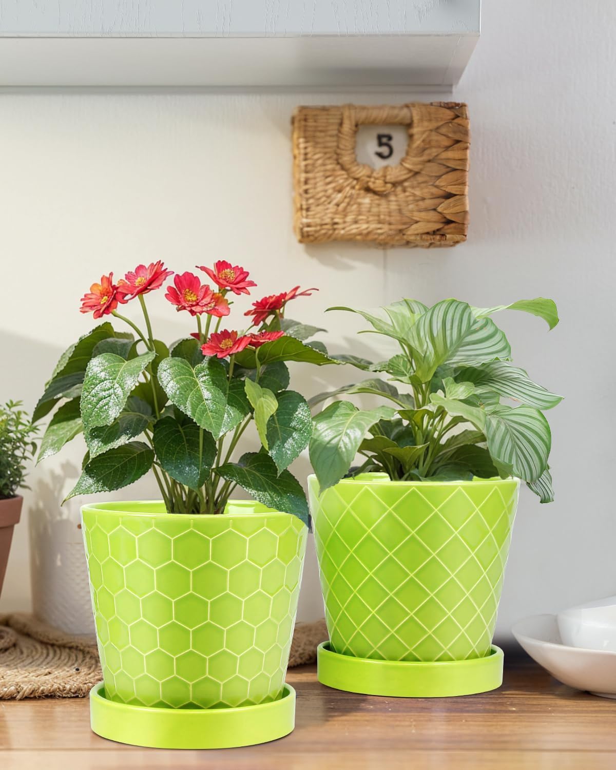 EFISPSS 5 Inch Ceramic Plant Pots Indoor, Planters with Drainage Holes and Ceramic Tray, Relief Design Flower Planter，Desktop Office Windowsill Decoration Gift Set of 4 - Green