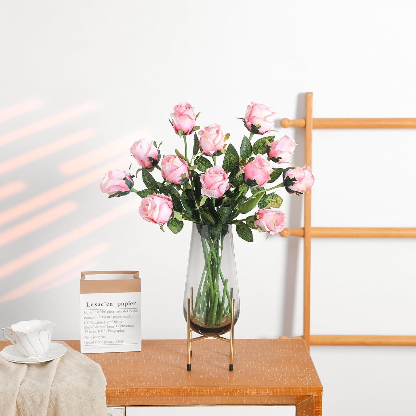 12Pcs Realistic Fake Light Pink Roses Faux Flowers with Long Stems, Artificial Silk Rose Flowers for Valentines Day Home Wedding Decor Bridal Bouquet