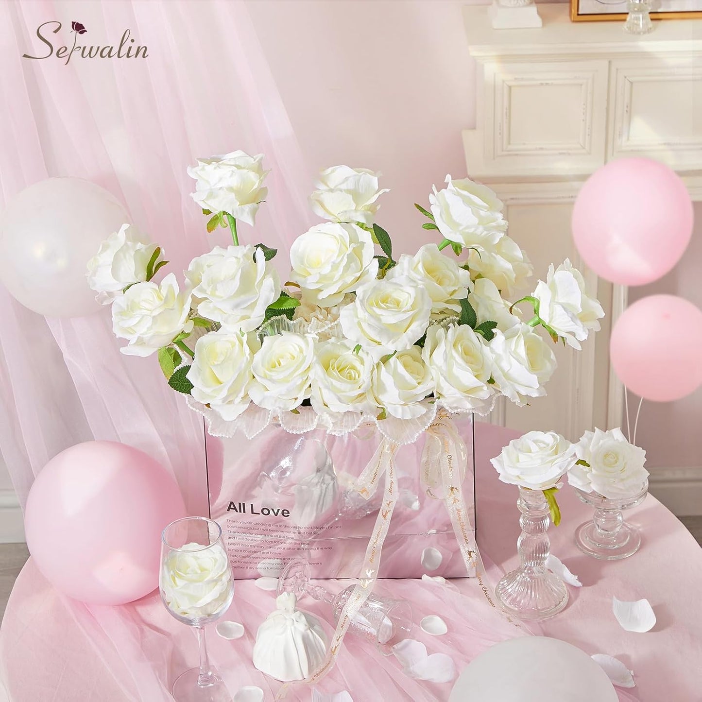 Serwalin 20PCS Artificial White Roses, 4'' Big Flower Head, Ivory Silk Roses, Velvet Fake Roses Bouquet Long Stem Roses for Home Decor Wedding and Table Centerpiece
