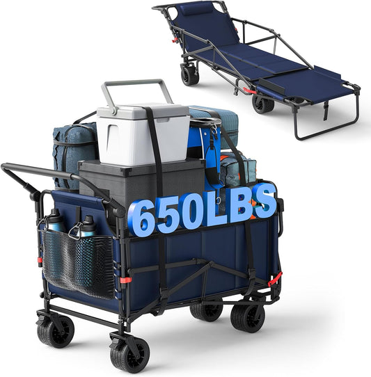 LEVELEVE Heavy Duty Folding Wagon - 2-in-1 Collapsible Cart, 650lb Capacity, All-Terrain Wheels w/Brakes & Side Pockets (Blue)