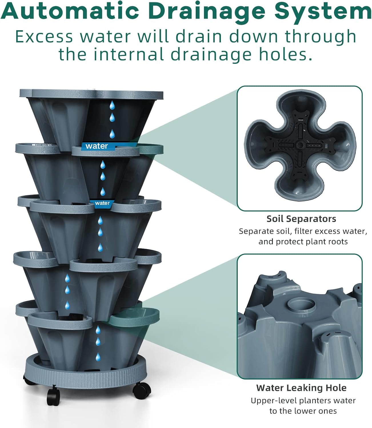 Strawberry Vertical Planter Tower Garden 2 Pack, 6 Tiered Stacking Planter with Support Pole, Stackable Herb Planter Indoor Outdoor Dark Grey