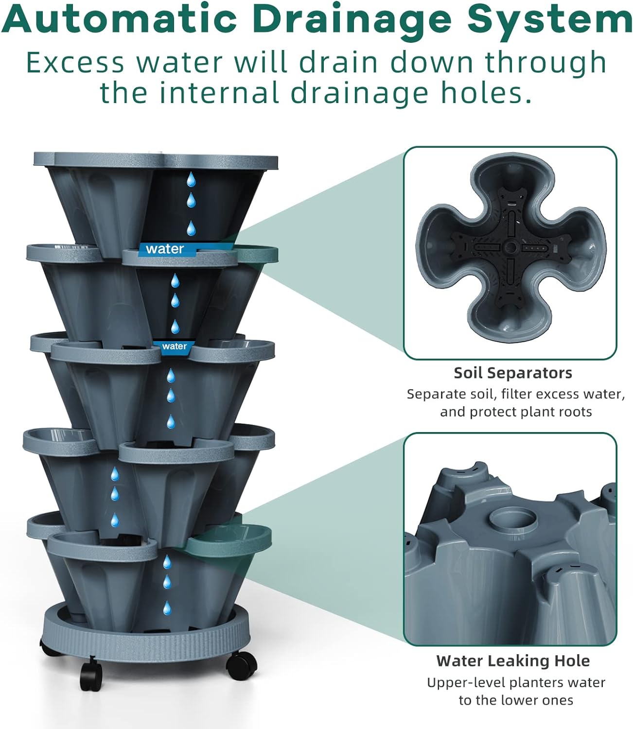 Strawberry Vertical Planters Tower Garden 2 Pack, 5 Tier Stacking Planter with Support Pole, Stackable Herb Planters Indoor Outdoor Dark Grey