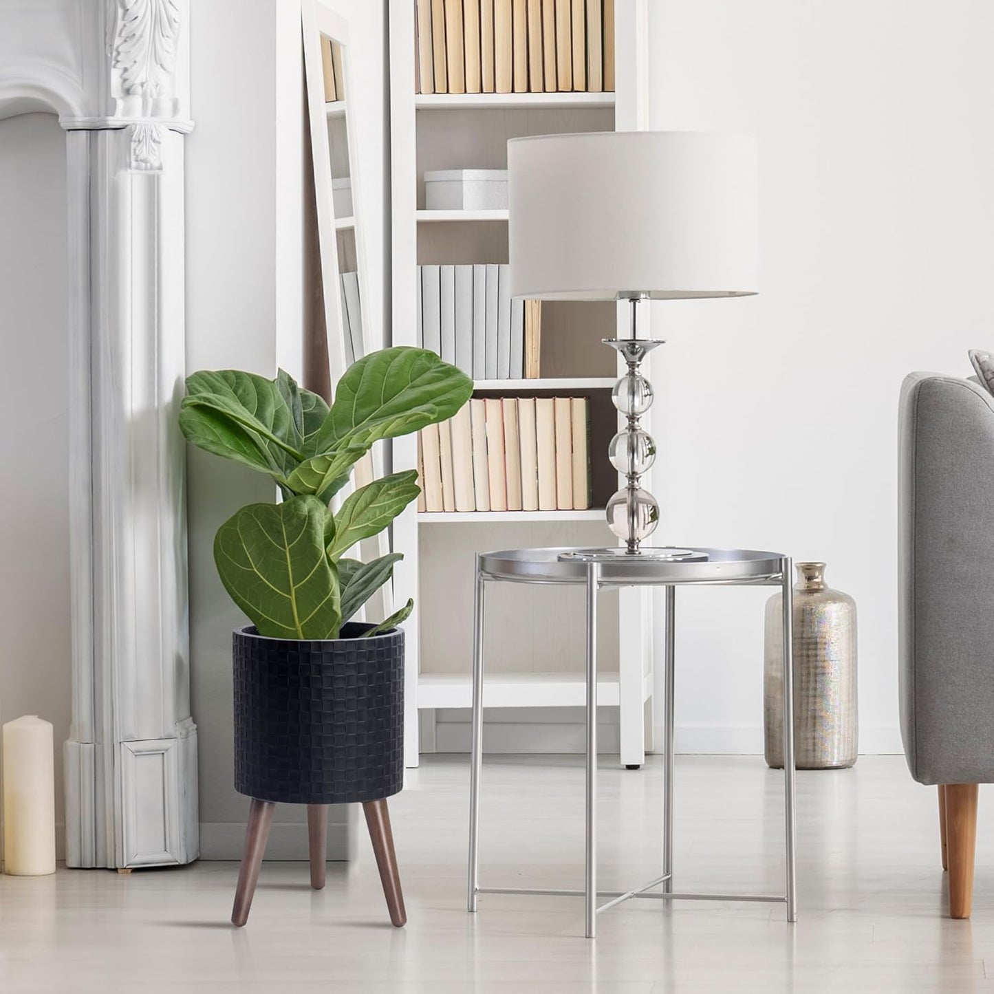 D'vine Dev 10 Inch Modern Geometric Tile Patterned Sleek Planter Pot with Stand, Indoor Outdoor Decorative Plant Holder, Matte Black, 88-Z-B-2