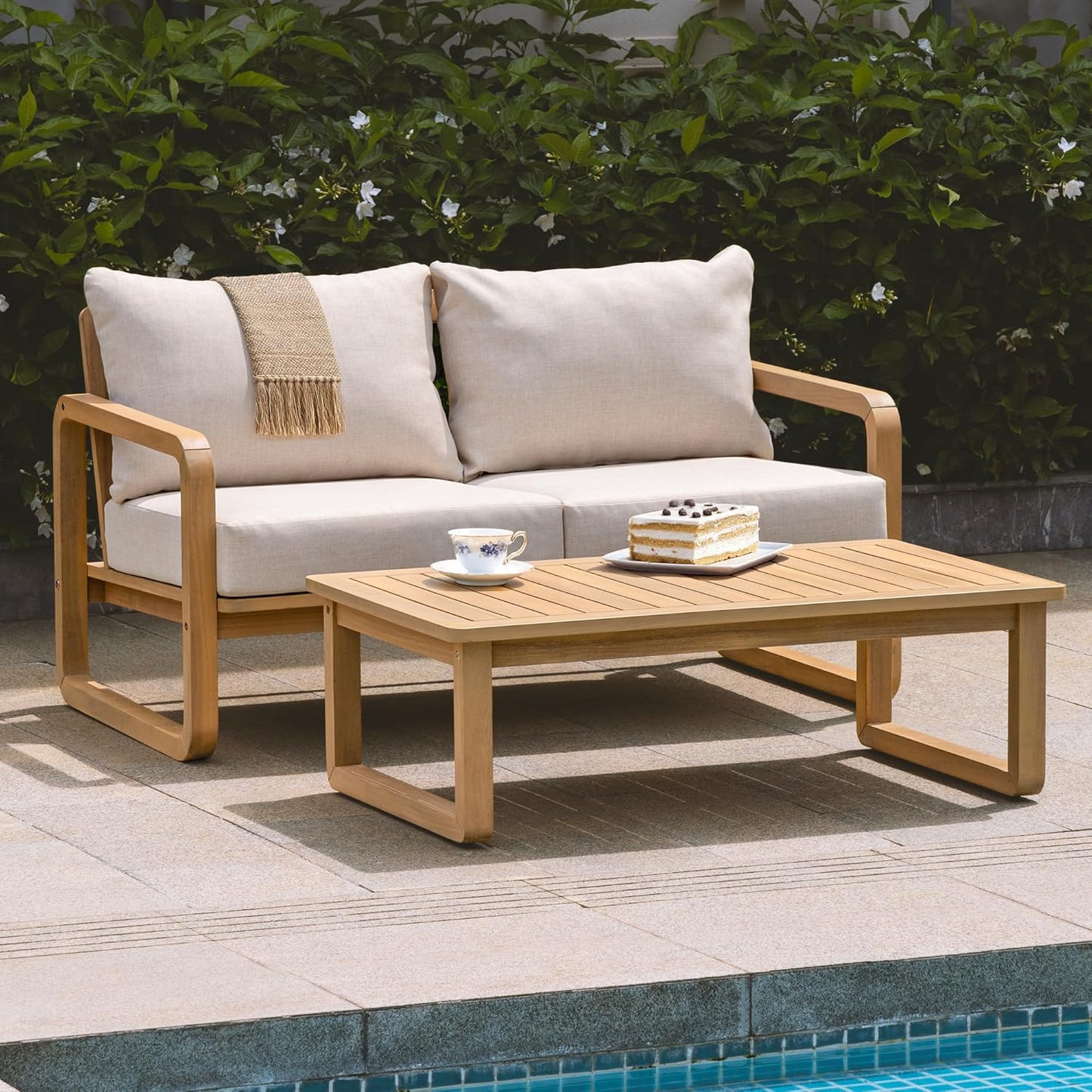 Idzo Ivy Loveseat with Coffee Table – Beige Fabric, 2-Seater Outdoor Sofa Set for Balcony, Patio or Garden – Stylish Love Seat Couches for Small Spaces
