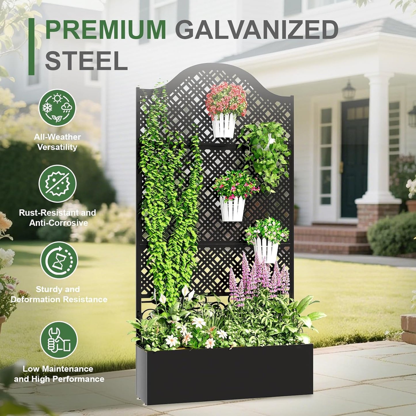 Metal Raised Garden Bed with Trellis, 79"x40"x11.8" Planter Box Outdoor with Privacy Screen Fence for Patio, Freestanding Garden Planter with Drainage Holes for Climbing Plants Flower Vegetable