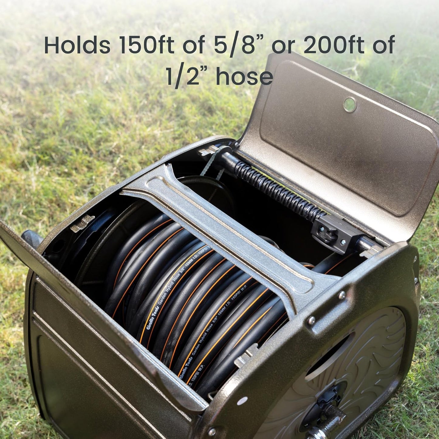 Giraffe Tools SW5 Metal Hose Reel Box, Heavy Duty Garden Hose Storage Reel Hideaway, Crank Handle, 150ft 5/8" Hose Capacity, Green