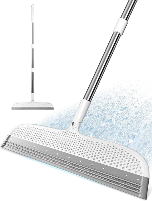 Silicone Floor Squeegee & Broom – Long Handle Hair Remover for Water, Pet Hair – for Bathroom, Tile, Concrete, Garage, Deck, Glass – Indoor Outdoor Cleaning Tool – White (15.7 inch)