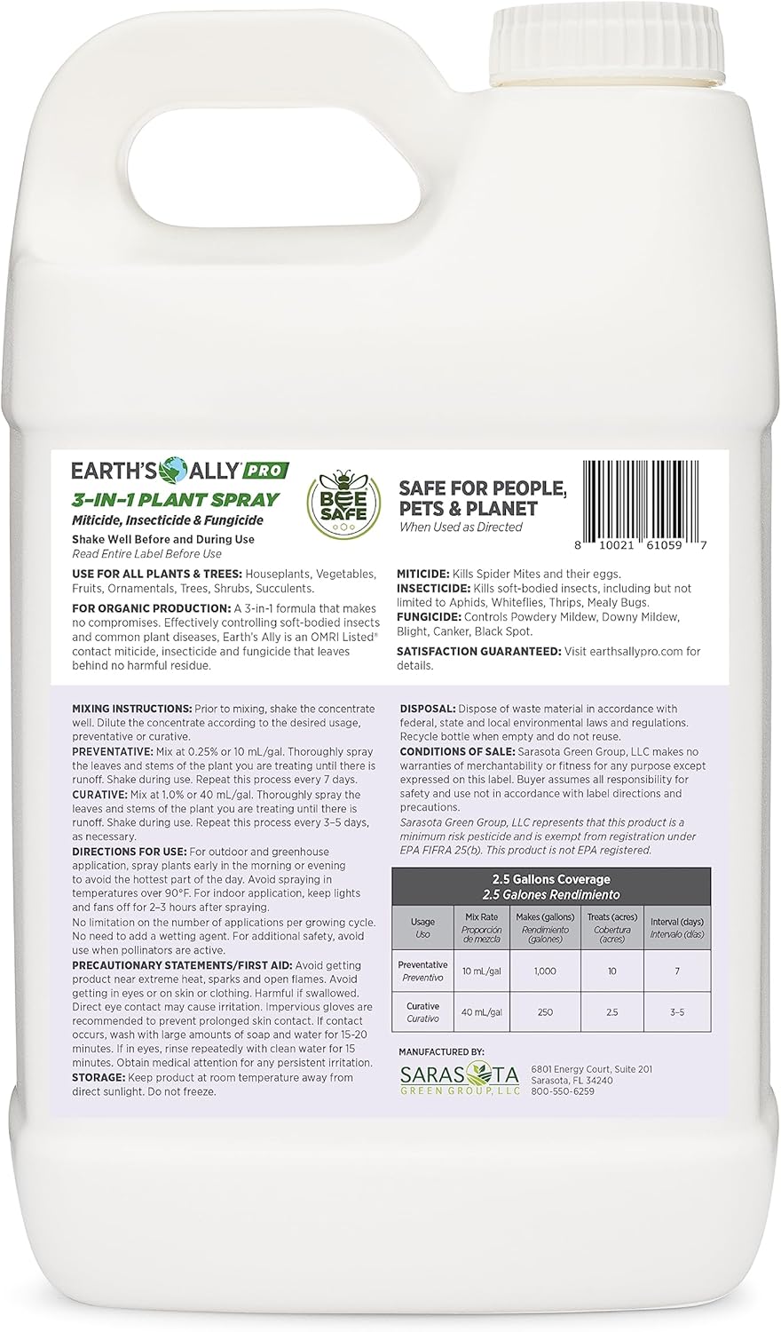 Earth's Ally Pro 3-in-1 Plant Spray 2.5 gal Super Concentrate | Insecticide, Fungicide & Spider Mite Control, Use on Indoor Houseplants and Outdoor Plants, Gardens & Trees - Insect & Pest Repellent