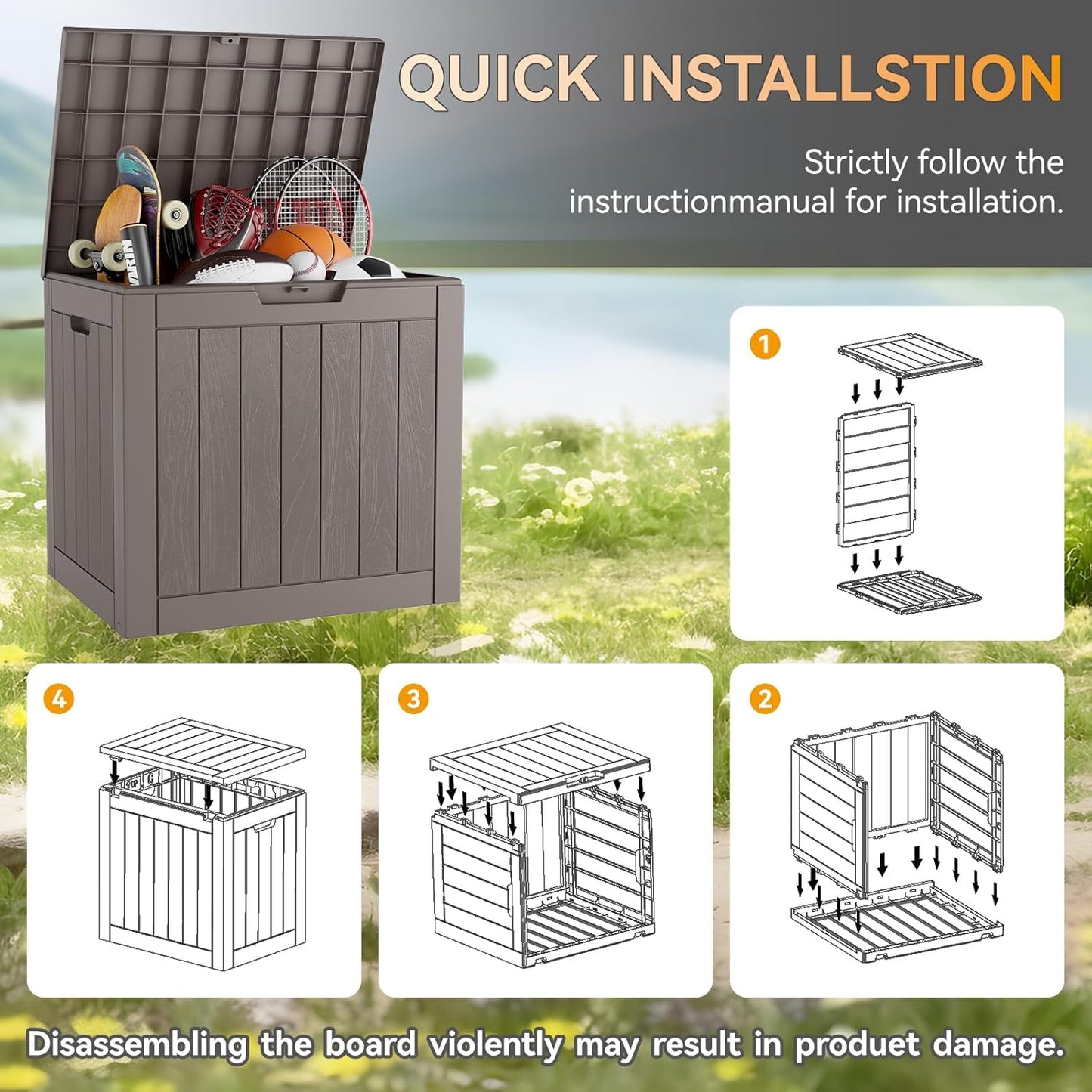 KAMABOKO Deck Box, 32 Gallon Resin Indoor and Outdoor Storage Boxes Waterproof for Garden Tools, Pool Accessories Storage Bench, Patio Furniture and Cushions with Lockable Lid, Grey