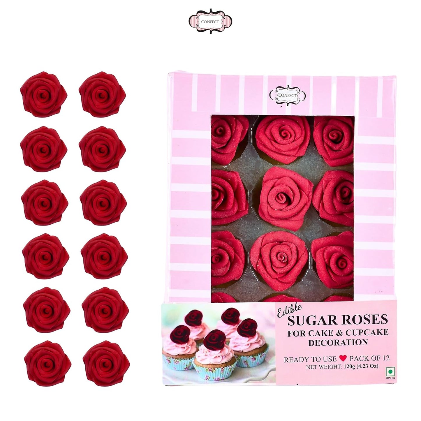 Confect Edible Rose Cake Toppers – Edible Roses for Cupcake & Cake Decorations- Vegan, Gluten-Free, Dairy-Free, Palm Oil-Free -Edible Viva Magenta Roses - Pack of 12