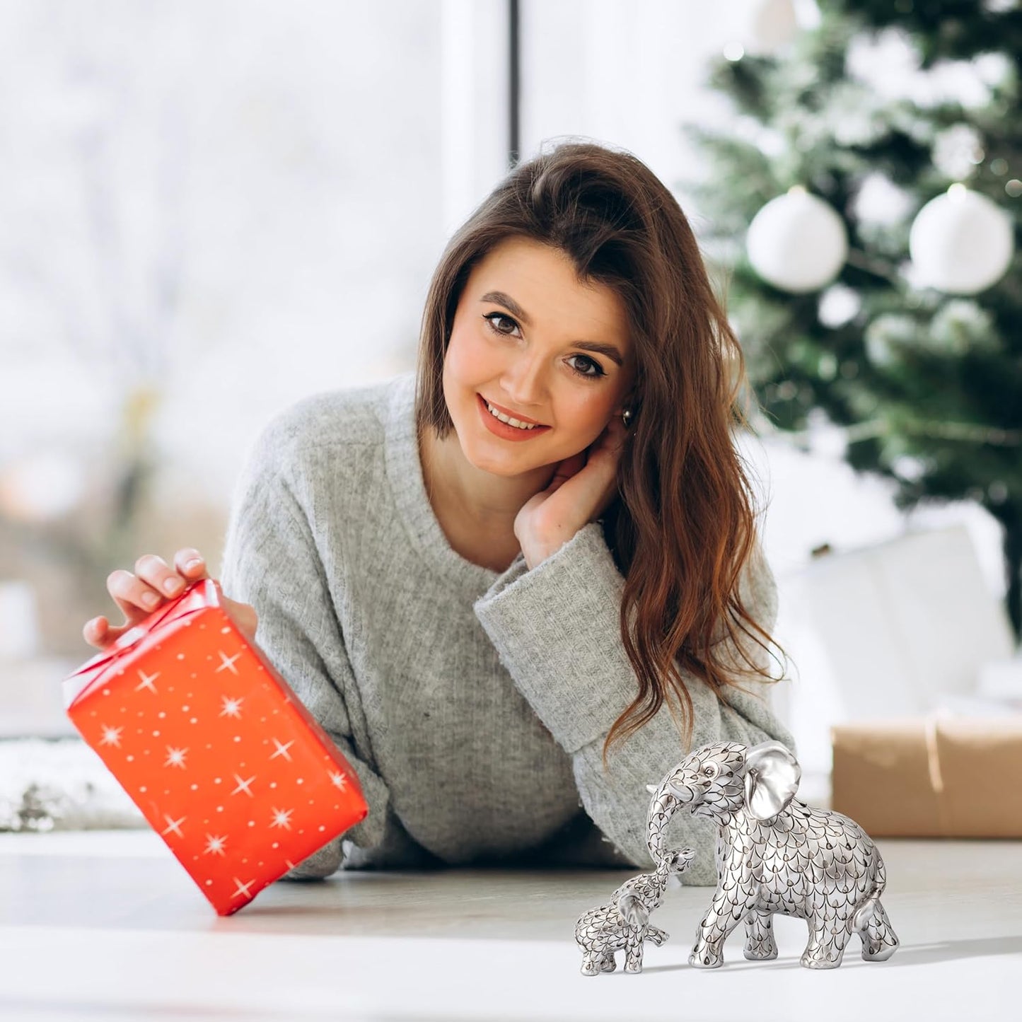 Vintage Silver Elephant Statue.Elephant Figurines Inspiring Good Luck,Health.Unique Elephant Gifts for Women,Moms.Elephant Home Decor Ornaments for Living Room,Bookshelf,Table Centerpiece,Office.