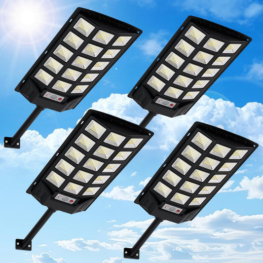 Solar Lights Outdoor,IP66 Waterproof Solar Street Lights with Motion Sensor & Remote,6500K Dusk to Dawn Flood Light for Parking Lot/Yard/Garden (4 Pack)