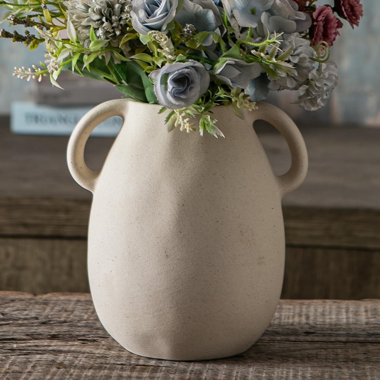 Off-White Ceramic Vase with 2 Handles, Sandstone Texture for Modern Farmhouse Decor, Rustic Pottery, Decorative Flower Vase, Clay Small Vase, Centerpiece for Dining Table - 7 Inch Tall