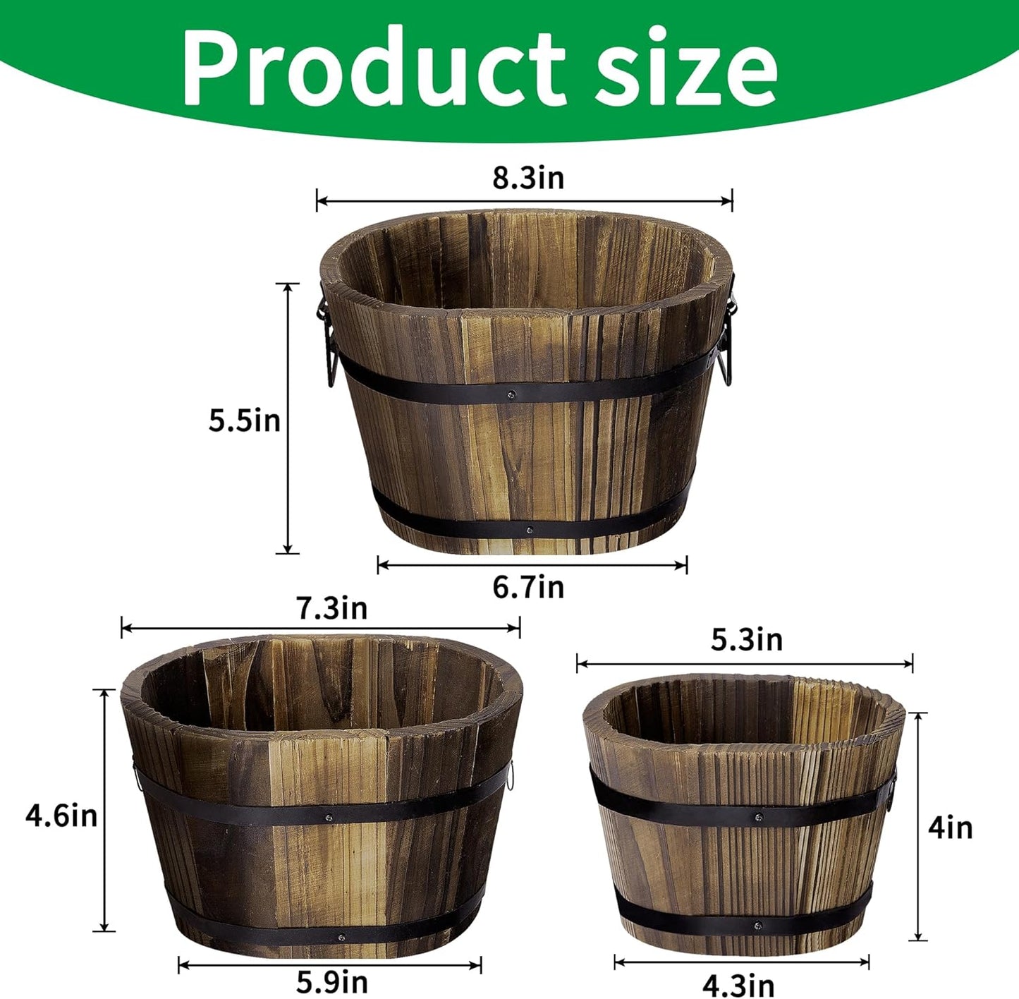 Adnee 3 Pcs Wooden Whiskey Barrel Planters - 3 Sizes Wooden Bucket Barrel Garden Planters Set - Rustic Flower Planters Pots Container for Indoor Outdoor Garden Home Plants(5.3",7.3",8.3")