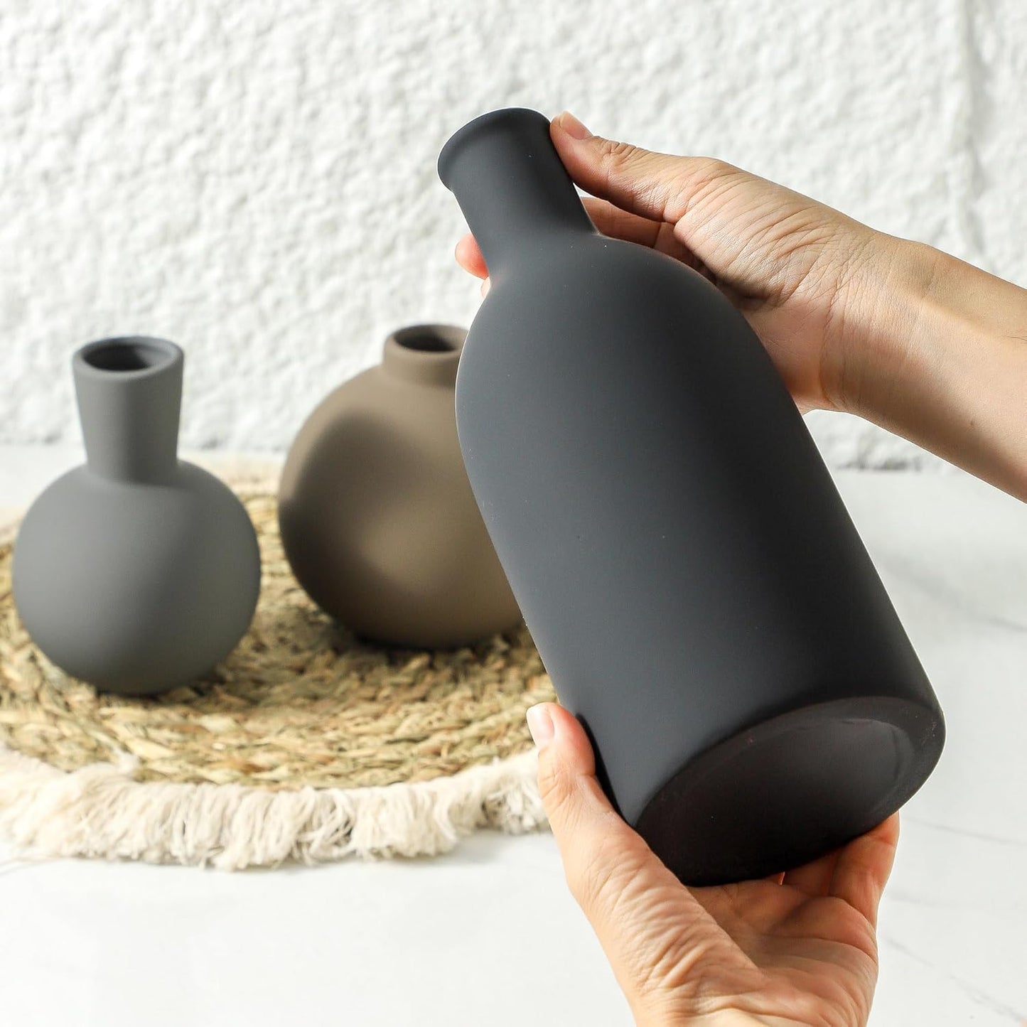 Ceramic Vase Set of 3 | Neutral Vases Home Decor | Modern Flower Pottery Vases Rustic Farmhouse Vase for Table Entryway Mantel Centerpiece Bookshelf Living Room Bathroom Bedroom -Multicolor Large