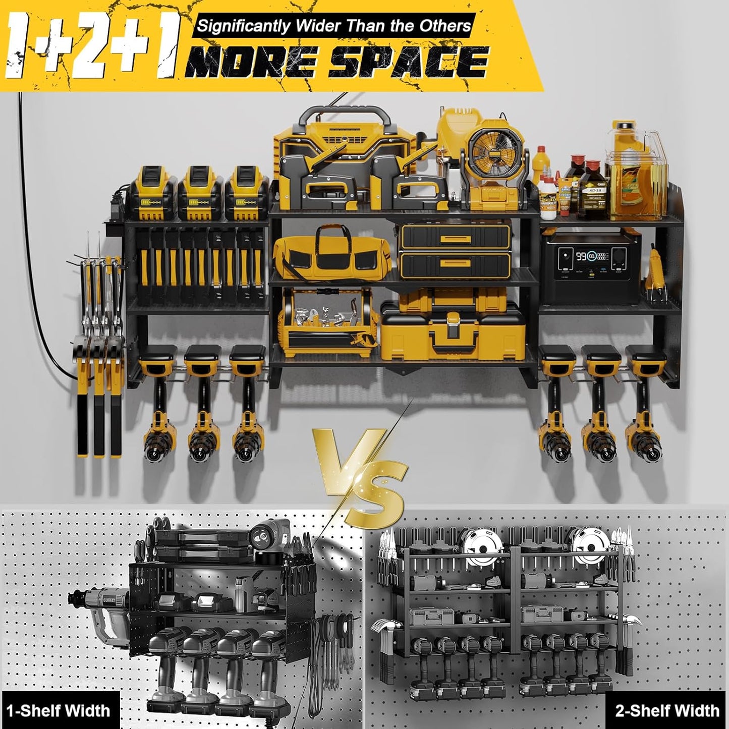 Power Tool Organizer Wall Mount with Charging Station, Expanded Width Power Tool Storage Rack, Large Tool Battery Organizer with Screwdriver/Hammer Heavy Duty Garage Storage