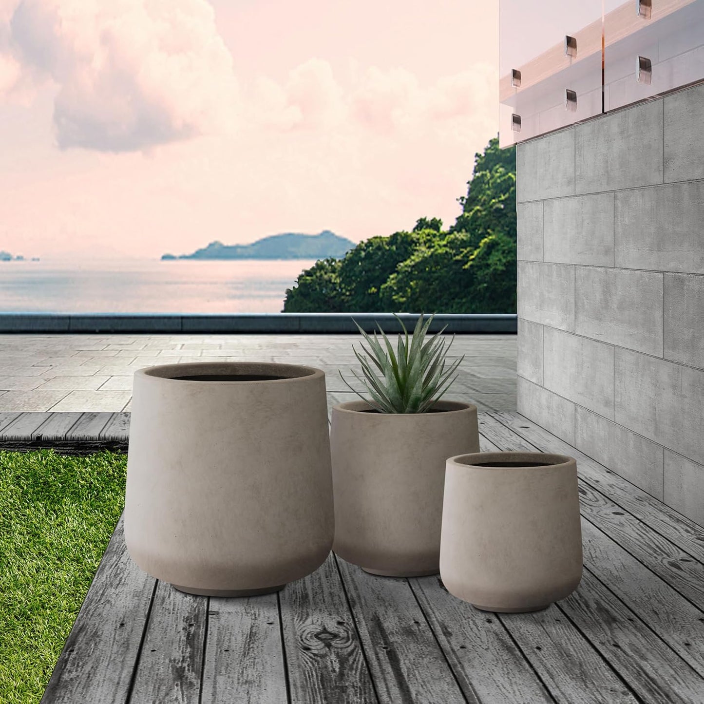 Kante 15.3"+11.6"+8.2" Dia Round Concrete Planter, Large Outdoor Indoor Planter Pots Containers with Drainage Holes and Rubber Plug for Home Garden Patio, Buff Concrete