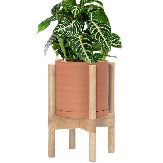 D'vine Dev Terracotta Planter with Natural Stand - 8 Inch Modern Round Flower Pot with Wood Planter Holder, Terracotta, 55-B-N-5