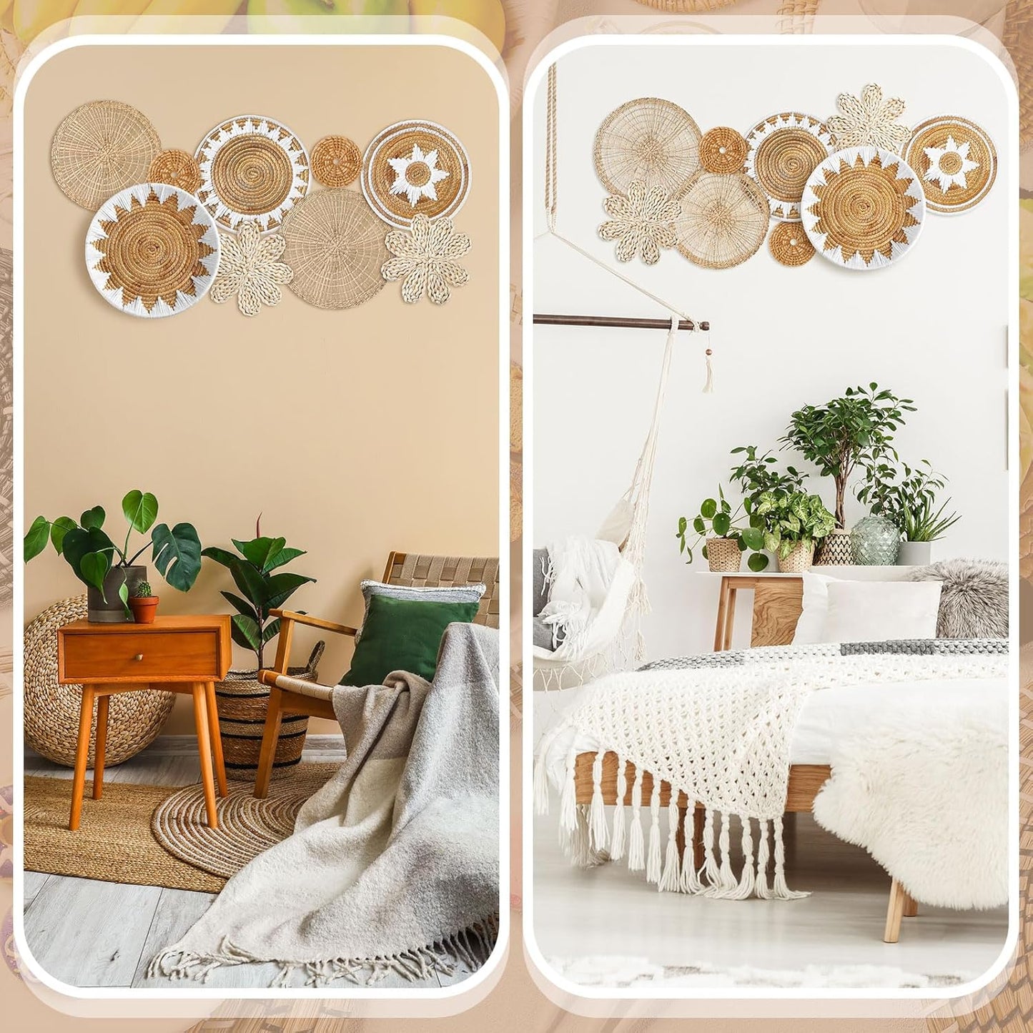 Xuhal Set of 8 Hanging Woven Wall Basket Handmade Decorative Rustic Boho Basket Decor Handcrafted Wicker Round Seagrass Wall Art for Home Kitchen Farmhouse Table Living Room