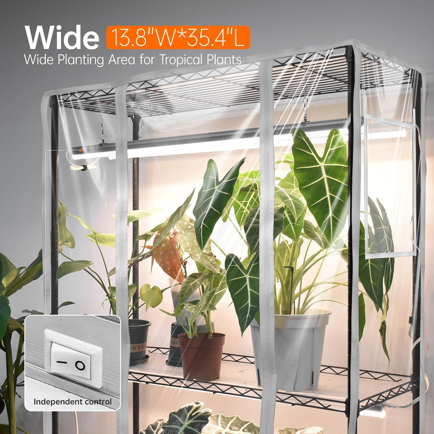 Indoor Greenhouse with Grow Light, Tall Green house with 6 Pack T5 Full Spectrum Plant Lights with Timer, Plant Shelf with Tent for Indoor Plant, Seed Starting, Seed Tray, 35.4"x13.8"x70.8"