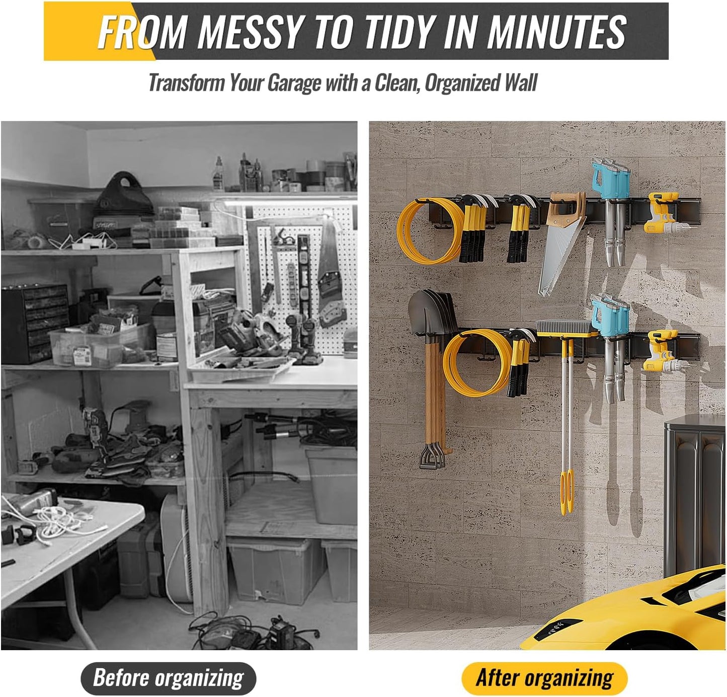 Garage Tool Rack Wall Mount – 48 inches Heavy-Duty Garden Tool Holder with 6 Adjustable Hanging Hooks – Garage Wall Storage Organizer for Shovel, Rake – Max Load 540 lbs (48 inch)