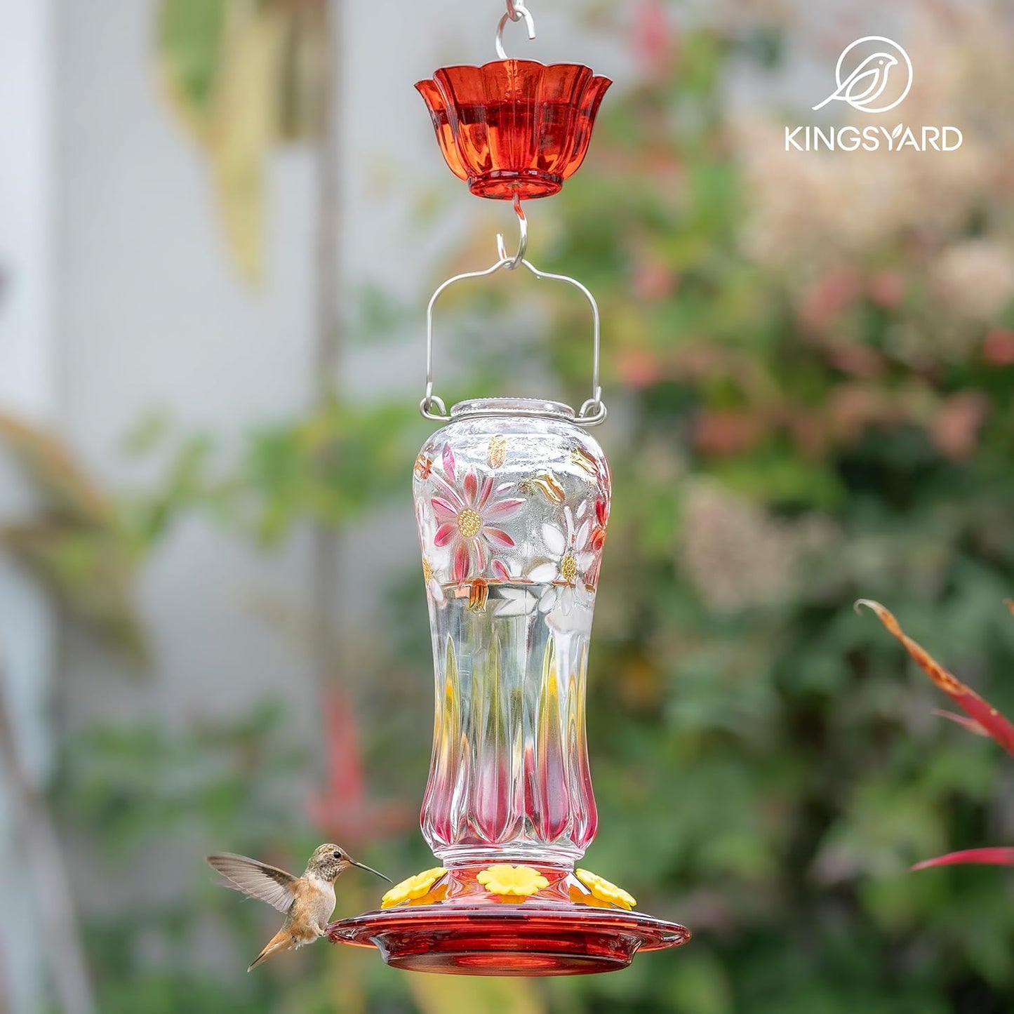 Kingsyard Hummingbird Feeder for Outdoors Hanging, 25 Ounces, Glass Humming Bird Nectar Feeder with Ant Moat & 6 Feeding Ports, Leak Proof, Red