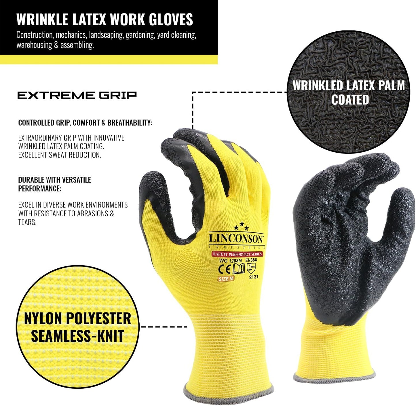 linconson 12 Pack Safety Performance Series Construction Mechanics Wrinkle Latex Work Gloves