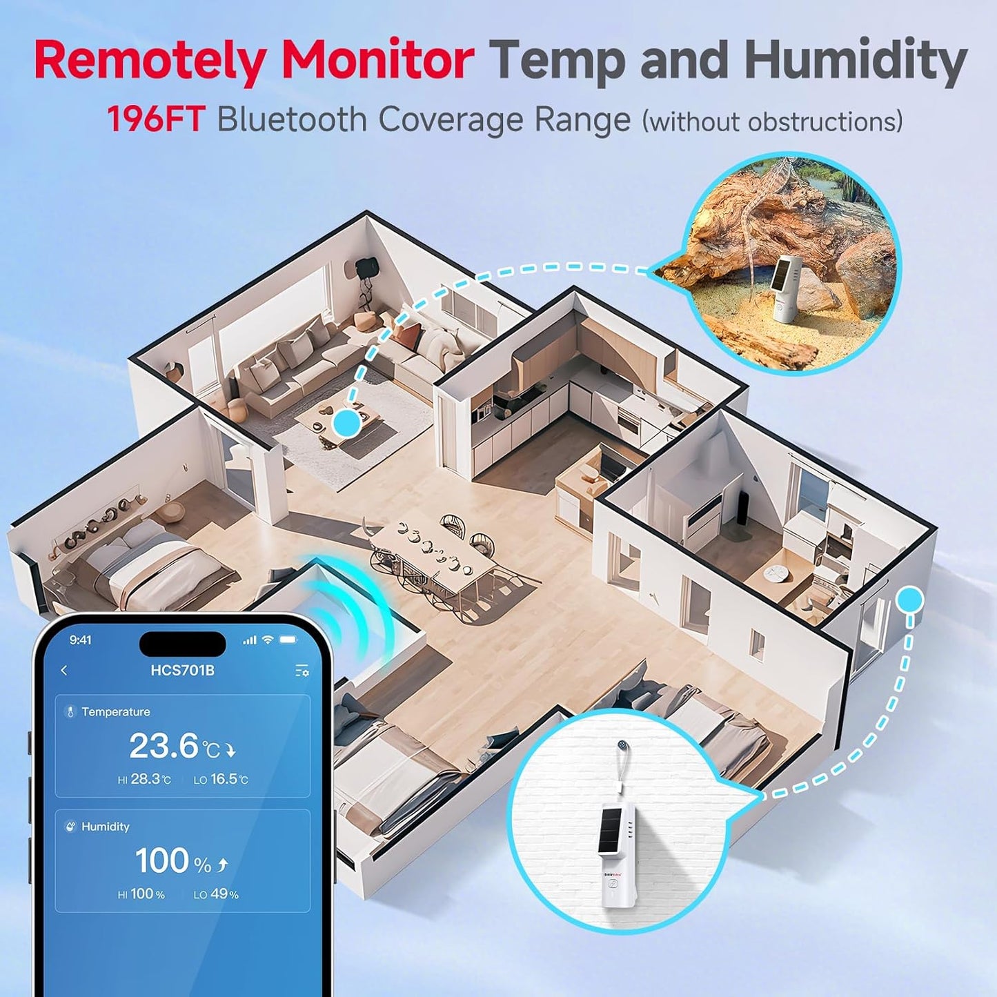 Solar Bluetooth Temperature & Humidity Monitor, Wireless Thermometer with Date Storage, Real-Time Alerts, 262 Feet Connecting Range, Apply for Room Greenhouse, Pet Cages, 2pack