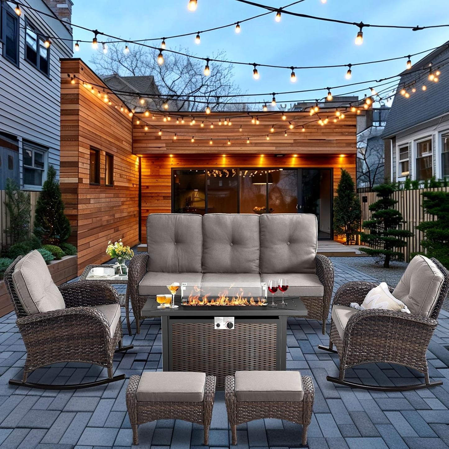 HUMMUH 7-Piece Outdoor Patio Furniture with Fire Pit Set,Wicker Patio Sofa Set Outdoor Rocking Chairs with Ottomans for Backyard,Poolside,Deck