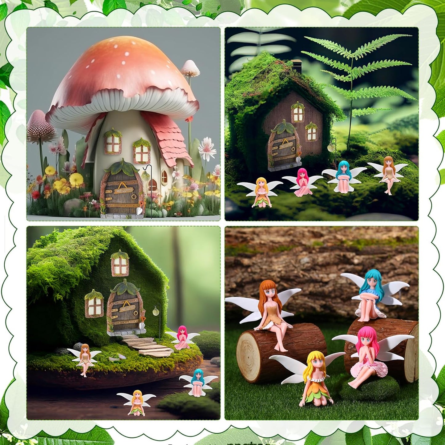 Glowing Miniature Fairy Garden Accessories, 4-Piece Miniature Fairy Figurines Glow in The Dark Fairy Door and Windows for Trees Set, Resin Light Up Sculpture Kit for Outdoor & Indoor Gardens