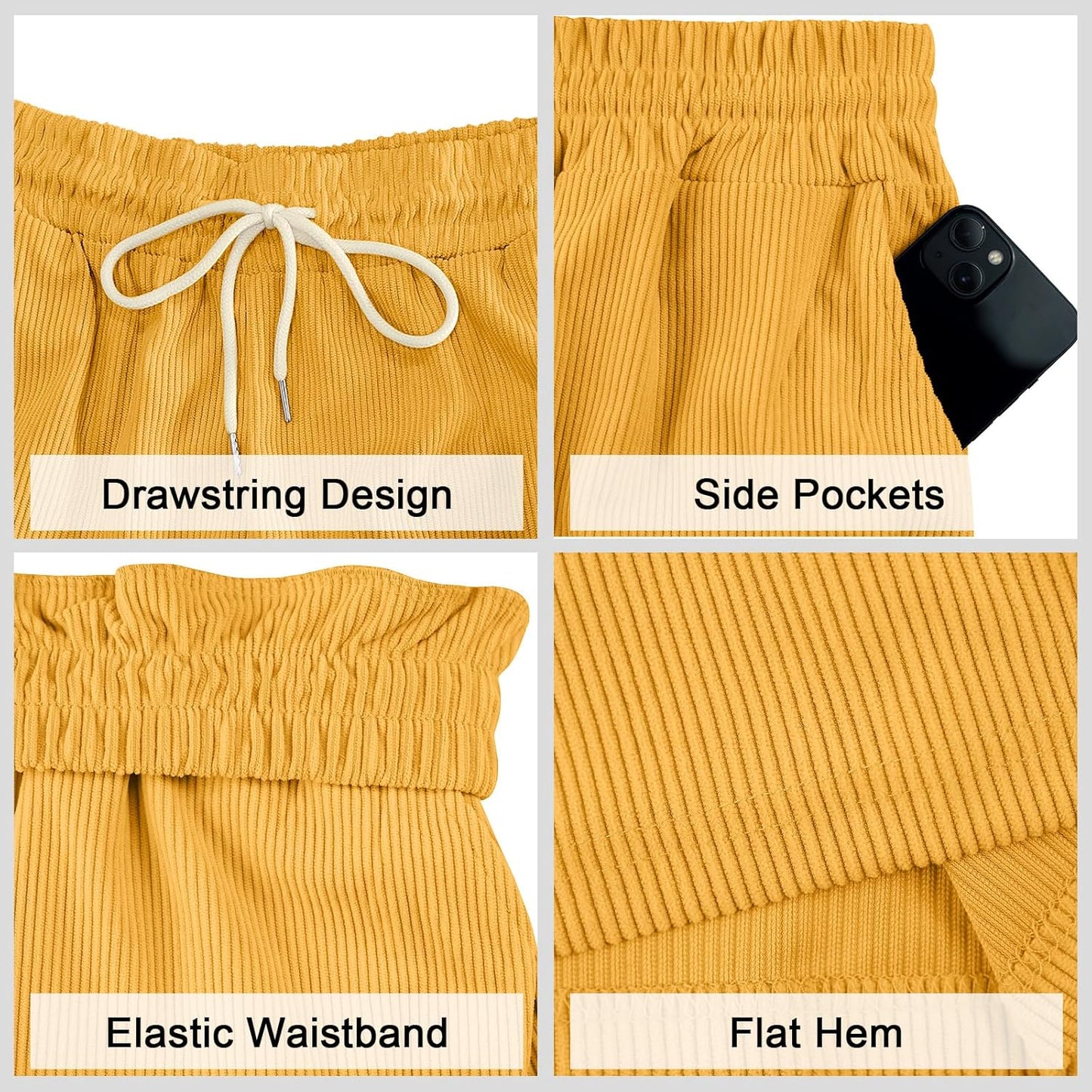 Mens Cargo Shorts Casual Drawstring Elastic Waist Corduroy Summer Beach Shorts with Pockets