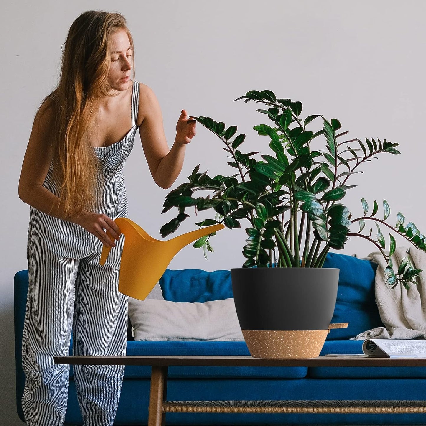 WOUSIWER 10 inch Self Watering Planters, 2 Pack Large Plastic Plant Pots with Deep Reservior and High Drainage Holes for Indoor Outdoor Plants and Flowers, Black with Terracotta