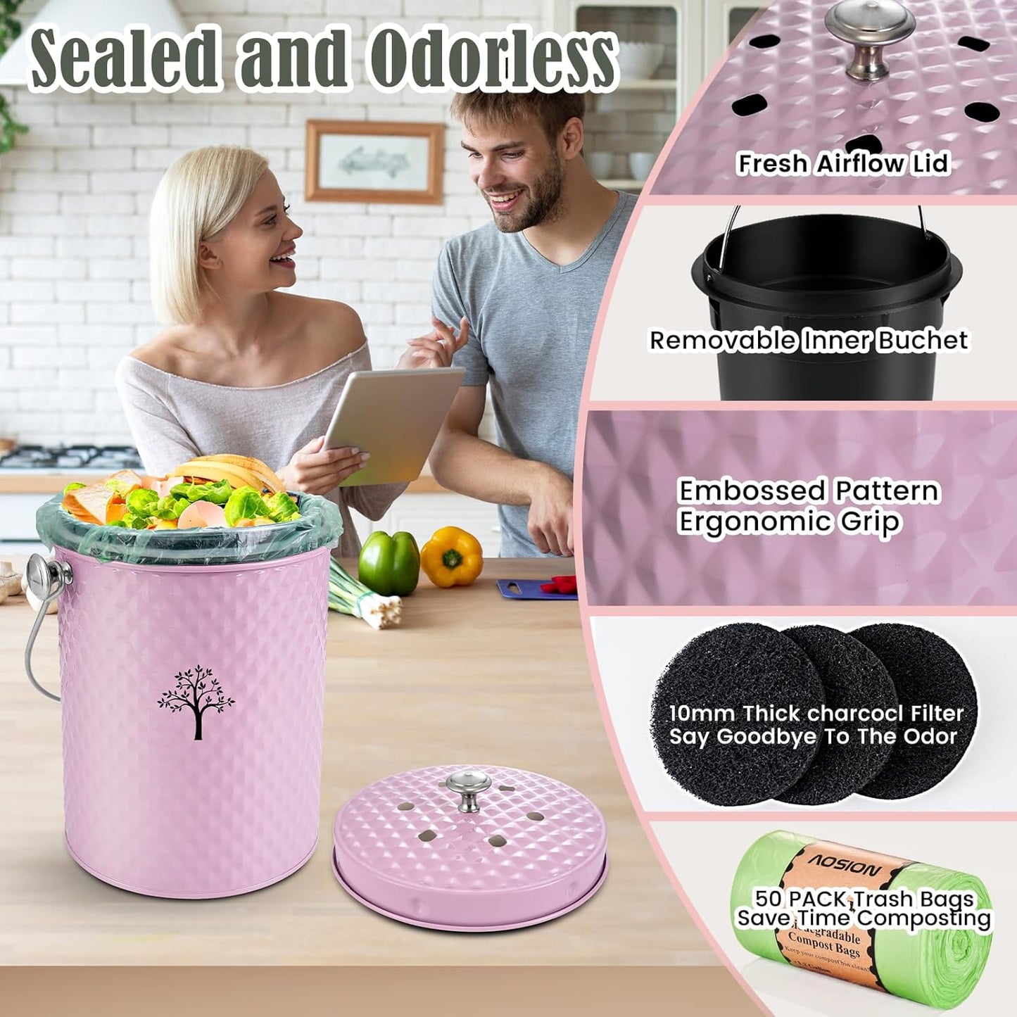AOSION Countertop Compost Bin Kitchen，Odorless Indoor Compost Bin with Lid and Compost Bags,Compost Bucket Composter Container for Food Waste,Pink